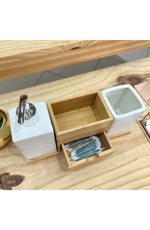 Jogo de Banheiro Branco 2 Peças de Porcelana e Suporte de Bambu