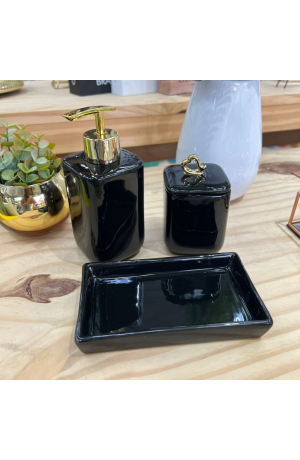 Jogo de Banheiro Marmore Preto - 3 Peças de Porcelana  Coração Dourado
