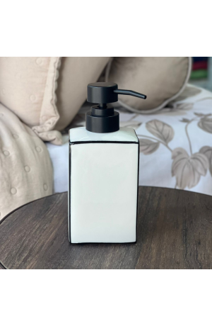 Porta Sabonete Liquido de Porcelana  Preto C/ Listras Brancas