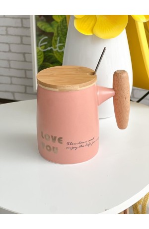 Caneca Salmão de Cerâmica com Tampa de Bambu 350ml