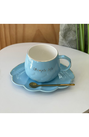Xicara de Cerâmica Azul ''Simple Life'' com Pires + Colher