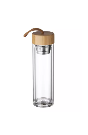 Garrafa de Vidro com Tampa de Bambu e alça - 330ml
