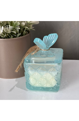 Vela Aromática com Castiçal Azul e Tampa com Borboleta