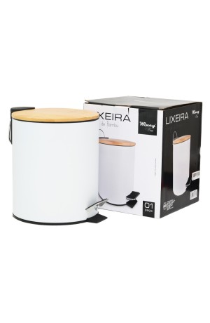 Lixeira 5L Branca com Tampa de Bambu com Pedal Lisa