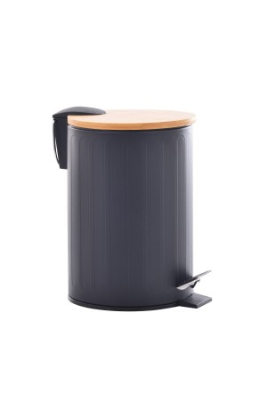 Lixeira 3L Preta com Tampa de Bambu com Pedal Canelada