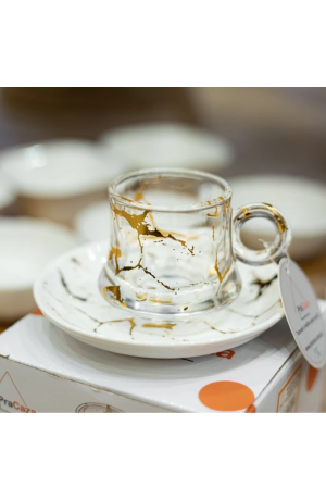 Xicara de Vidro com  Pires de Porcelana Marmorizada - 60ml