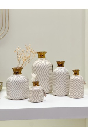 Vaso de Cerâmica Chevron Creme e Dourado Bojudinha Pequeno 9,5cm