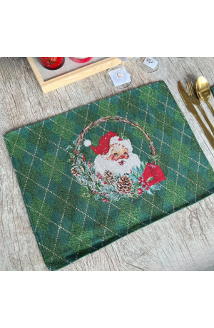 Jogo Americano de Tecido - Papai  Noel na Guirlanda Verde 33cm X 45cm