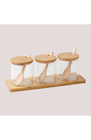 Kit 3 Potes de vidro com Colher e Bandeja de Bambu - 29,5cm X 8cm X 9,5cm