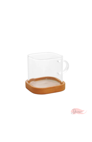 Kit com 2 Canecas Quadradas de Vidro Borossilicato com Pires de Bambu 130ml