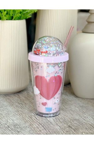 Copo de Plástico com Canudo Rosa - Corações 450ml