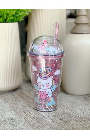 Copo Unicórnio de Plástico com Canudo Mod.1 Rosa  - 450ml