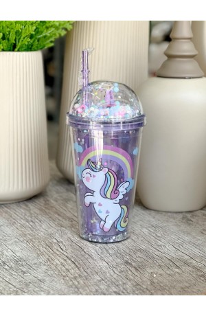 Copo Unicórnio de Plástico com Canudo Mod.1 Lilas  - 450ml