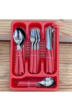 Kit de Talheres em Aço Inox Vermelho - 25 Pçs