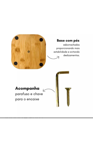 Porta Xicaras de Bambu c/ Base Quadrada  - 6 Ganchos