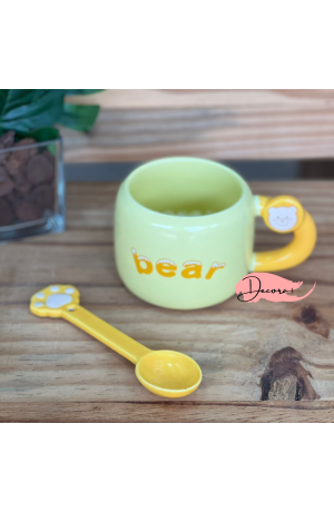 Caneca de Cerâmica Amarela c/ Colher - Urso 400ml