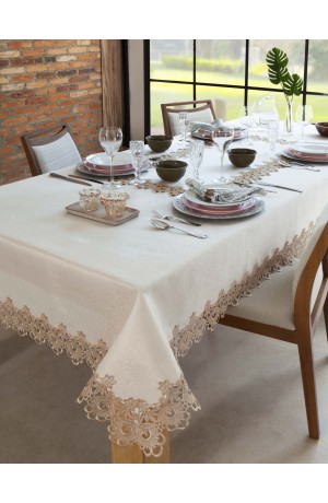 Toalha de Mesa Bege Rendada Veneza -  6 Lugares /150xm X 220cm