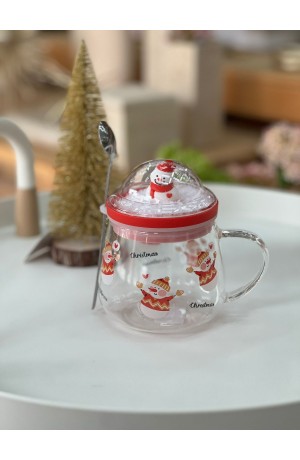 Caneca de Vidro com Colher e Tampa 400ml -  Boneco de Neve