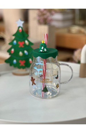 Copo de Vidro Furta-cor com Tampa Verde e Canudo 530ml - Noel