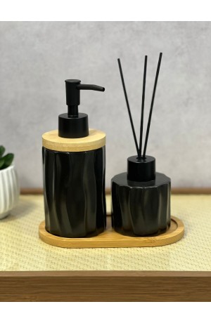 Kit de Banheiro Preto de Porcelana e Bambu - 3 Peças