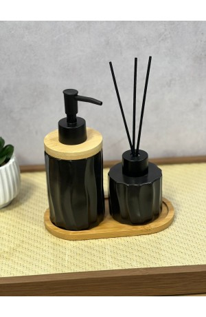 Kit de Banheiro Preto de Porcelana e Bambu - 3 Peças