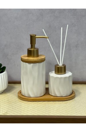 Kit de Banheiro Branco de Porcelana e Bambu - 3 Peças