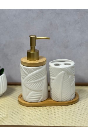 Kit de Banheiro Branco de Porcelana e Bambu - 3 Peças