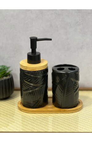 Kit de Banheiro Preto de Porcelana e Bambu - 3 Peças