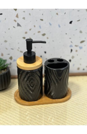 Kit de Banheiro Preto de Porcelana e Bambu - 3 Peças